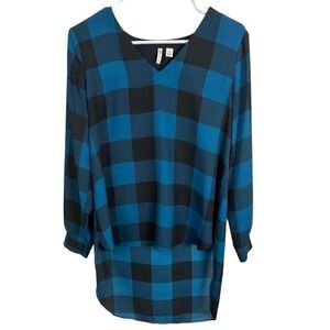 Cato Blue Black‎ Buffalo Plaid V-Neck High Low Blouse Small